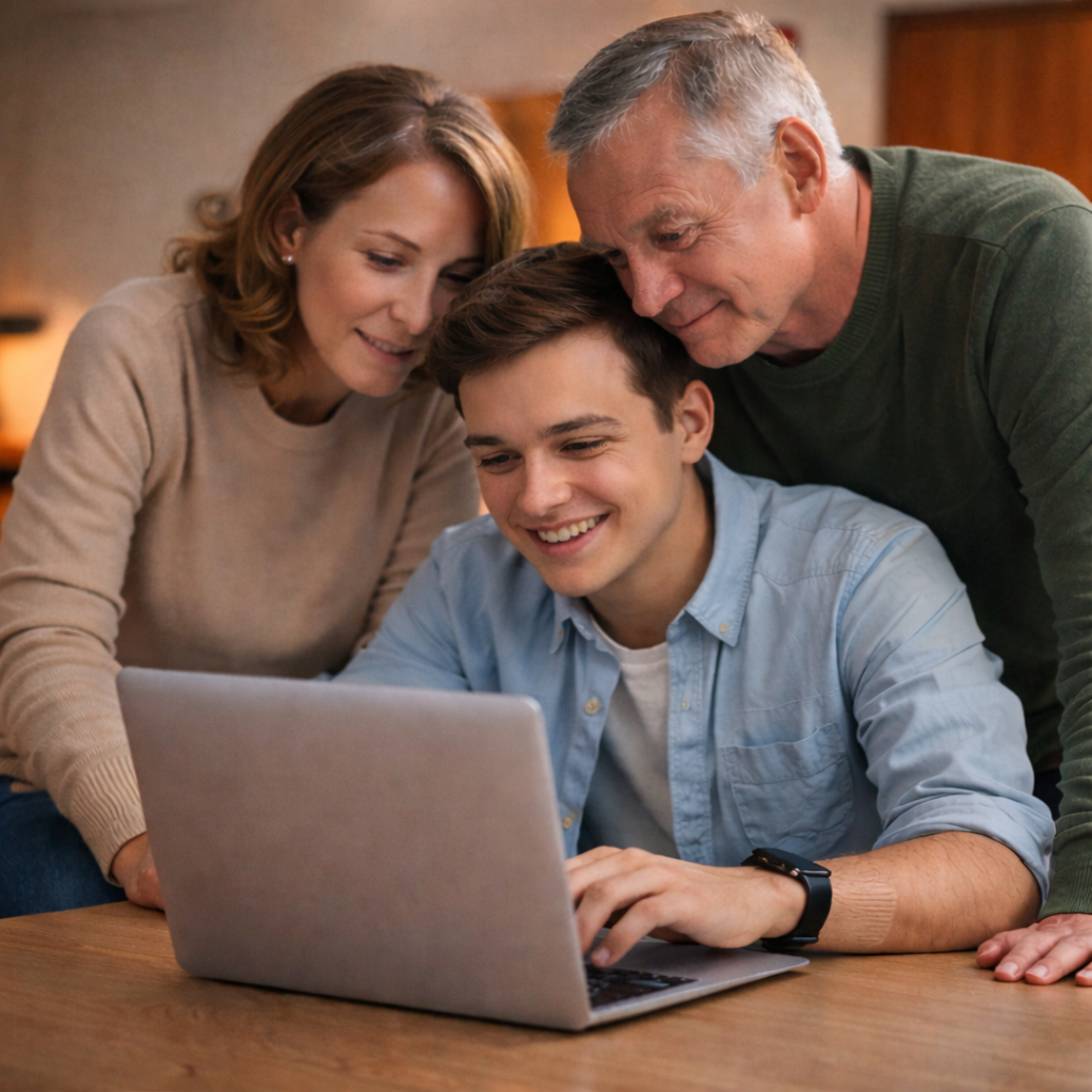 Parents and their child on a laptop.